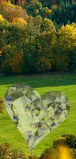 Heart-shaped diamond over vibrant autumn forest scenery.