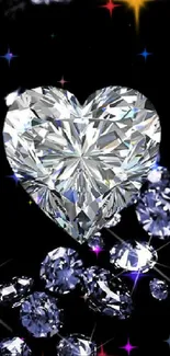 Heart-shaped diamond with gems on black background.