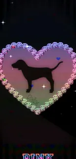 Dog silhouette inside a crystal heart with pink accents.