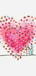 Heart-themed doodle wallpaper with pink hues and cute illustrations.