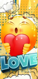 Cheerful emoji holding a heart with 'LOVE' text.