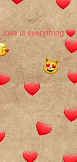 Beige wallpaper with red hearts and emojis.