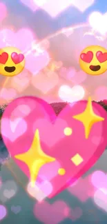 Colorful heart and emojis with rainbow in sky wallpaper.