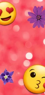 Heart emojis and purple flowers on pink bokeh wallpaper.