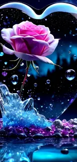 Heart-shaped crystal with pink rose and blue hues in mobile wallpaper.