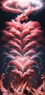 An artistic eruption of glowing heart shapes and pink clouds on a digital wallpaper.