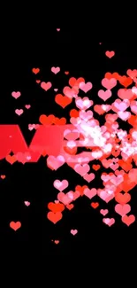 Explosion of pink hearts with love text on black background.