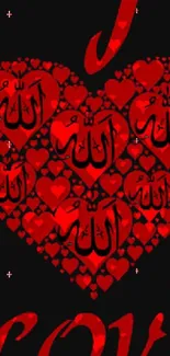 Heart-shaped calligraphy in red on black background wallpaper.