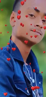 Person surrounded by floating red hearts on blue background.