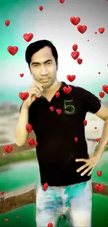 Man surrounded by red hearts with a green background.