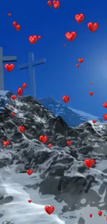 Snowy mountain with crosses and red hearts under a blue sky.