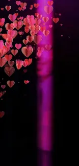 Romantic phone wallpaper with glowing pink hearts on a dark background.