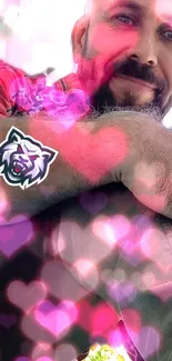 Tattooed arm with glowing pink hearts backdrop for mobile wallpaper.