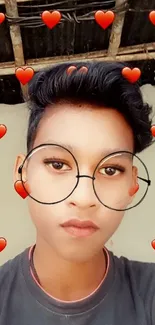 Person with digital glasses and heart filter effect.