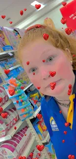 Cheerful person in store with heart filter.