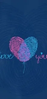 Heart-shaped fingerprint art with 'love you' text on dark blue background.