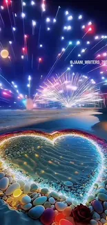 Colorful heart on beach with fireworks overhead.