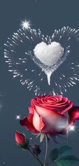 Romantic wallpaper with rose and heart-shaped fireworks.