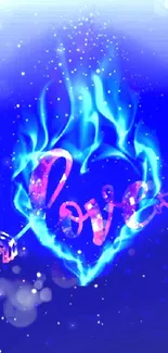 Heart-shaped blue flame with love text in vibrant colors.