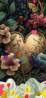 Elegant floral heart design with vibrant flowers and lush leaves.