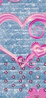 Mobile wallpaper with heart-shaped floral design in pink and blue tones.