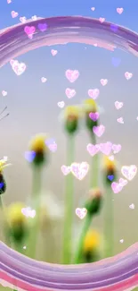 Dreamy mobile wallpaper with flowers and heart shapes against a blue sky.