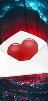 Heart in envelope with a vibrant forest background.