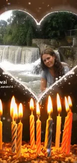 Heart frame with candles and waterfall background.