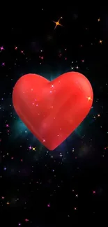 Red heart in galaxy with colorful stars on a black background.