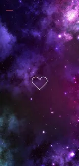 Purple space wallpaper with heart shape in the galaxy.