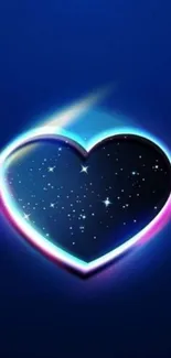 Neon galaxy heart with stars on a blue background wallpaper.