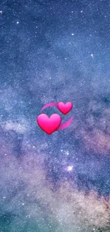 Galaxy wallpaper with pink hearts in vibrant stars.