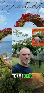 Heart-shaped floral arch with a beach backdrop.