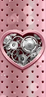 Pink metallic wallpaper with heart gears design.