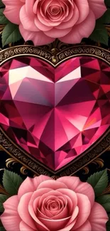 Heart-shaped pink gem with roses and ornate designs.