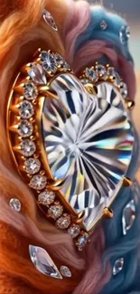 Heart-shaped gem with crystal accents on a colorful, luxurious background.