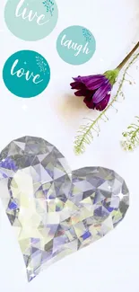 Heart-shaped gem with purple flower and motivational words.