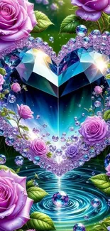 Heart-shaped gem surrounded by lavender roses and sparkles.