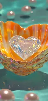 Heart-shaped gem in a golden shell with teal background and pearls.