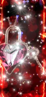 Heart-shaped gem with key on sparkling red background.