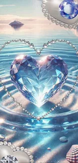 Heart-shaped gemstone on ocean water ripples with a serene backdrop.