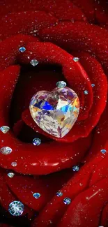 Heart-shaped gem on red rose petals wallpaper.