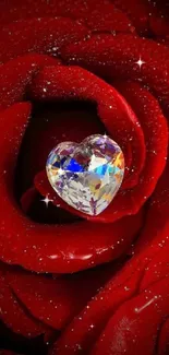 Heart-shaped gem on a vibrant red rose background, sparkling beautifully.