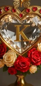 Heart-shaped gem with roses and gold frame.