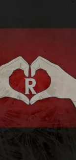 Heart gesture with R in red background mobile wallpaper.