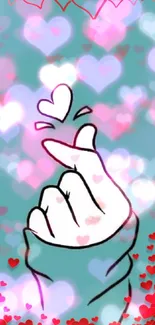 Hand making heart gesture with floating hearts on teal background.