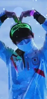 Athlete making a heart gesture in a winter sports setting.