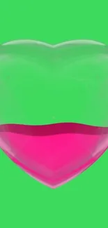 Heart-shaped glass with pink liquid on neon green background wallpaper.