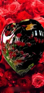 Heart-shaped glass art with vibrant red roses background.