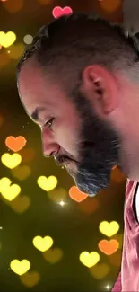 Bearded man with glowing heart bokeh wallpaper.